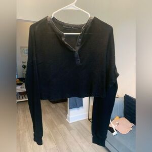 Black Cropped Henley Long Sleeve Top